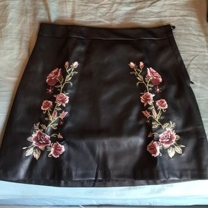 Faux Leather Flower Embroidered Skirt